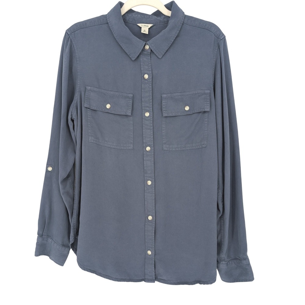 L.L.Bean Soft-Washed Utility Shirt Womens M Blue Tencel Coastal Minimalist Prep